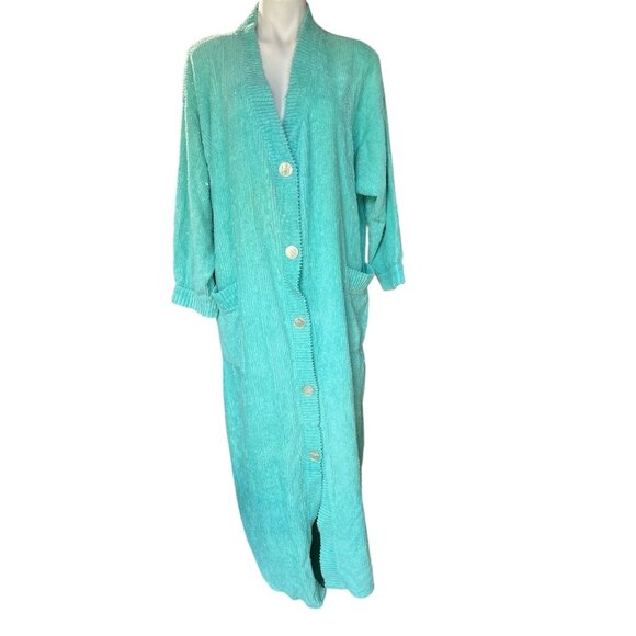 Vintage Other - Chenille Button-Front Housecoat 1X Aqua Blue Long Sleeves Dual Pockets VTG READ